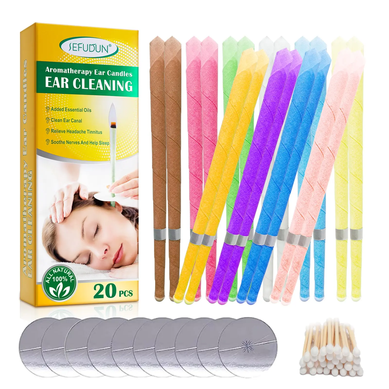 Sefudun Beeswax Ear Candles (20pcs), Ear Wax Removal Kit with Storage Box, Natural Spa Relaxation, Includes Protective Film and Cotton Swabs, Home Use