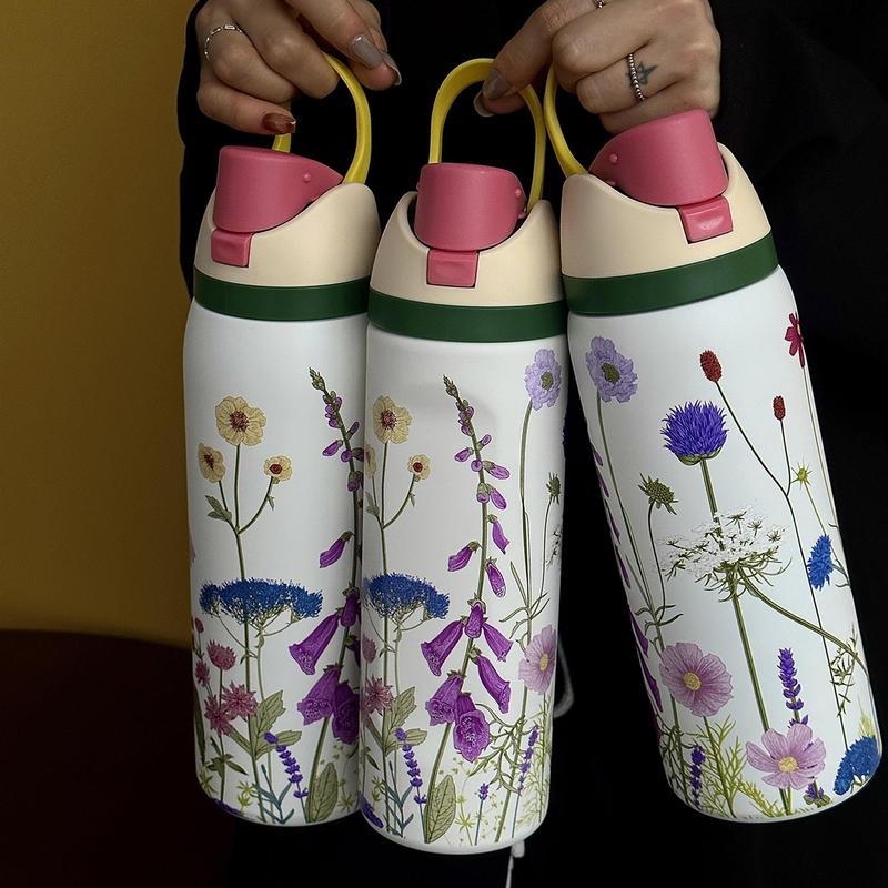 Flower Pattern Vacuum Flask, 1 Count Portable Insulated Water Bottle with Straw, Summer Cool Bottle Drinking Cup for Home Office School Outdoor Camping, Drinkware