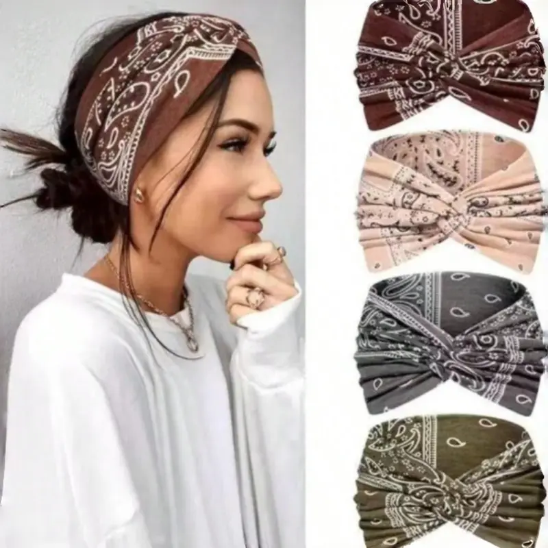 Women's Hairbands 4 Pack, Wide Thin Elastic Boho Dye Knot Headbands, Vintage Style for Sports Yoga Makeup Spa, Fashion Accessories