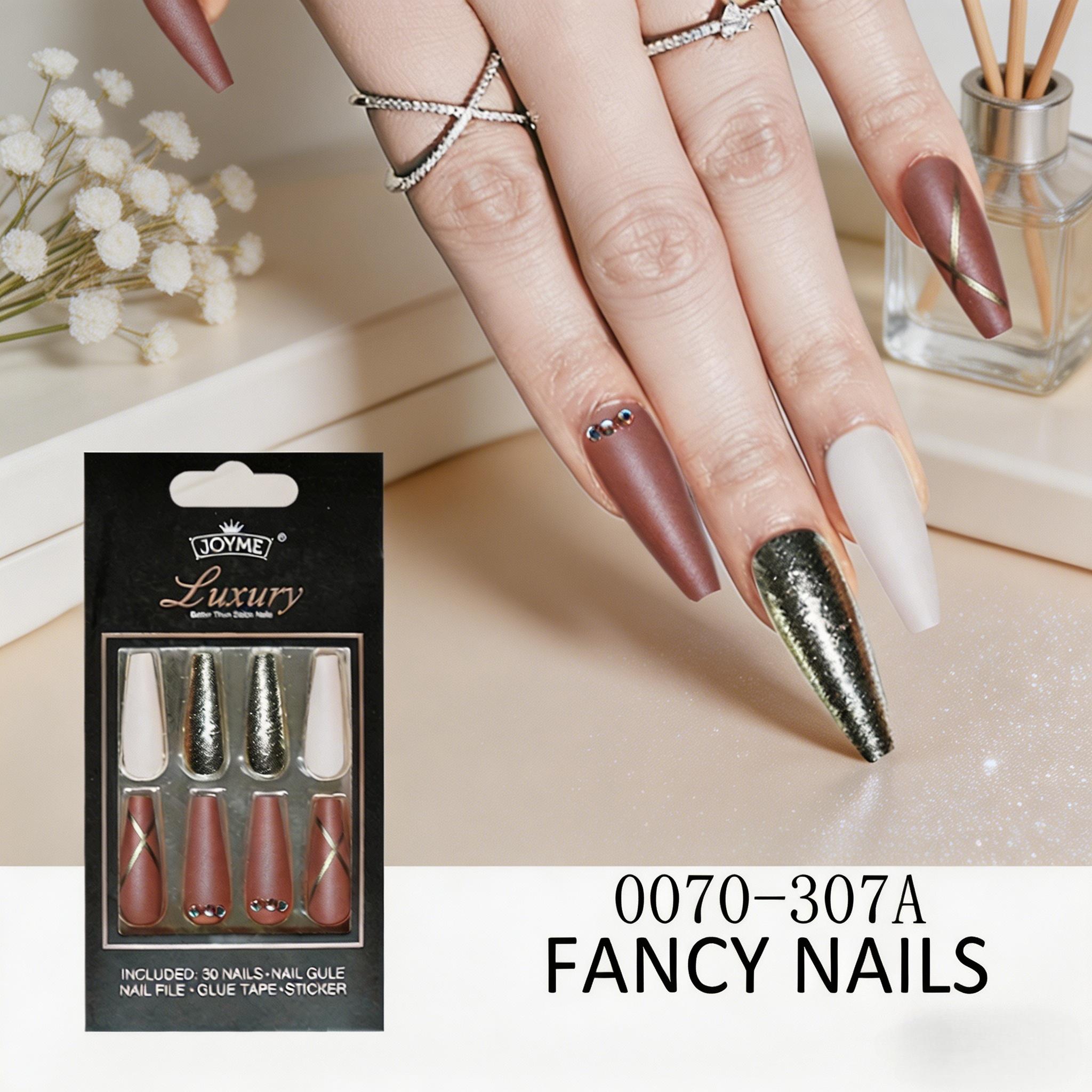 30Pcs Luxury 3D Embossed Long Coffin Press On Nails, Large Rhinestone Inlay Reusable False Nails with Glue & Full Tool Kit for Women