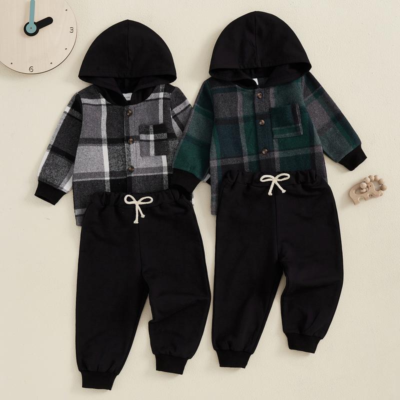 Toddler Baby Boys Outfits Long Sleeve Plaid Hooded Sweatshirt Pullover Tops Elastic Waist Long Pants Two Piece Casaul Sweatsuit