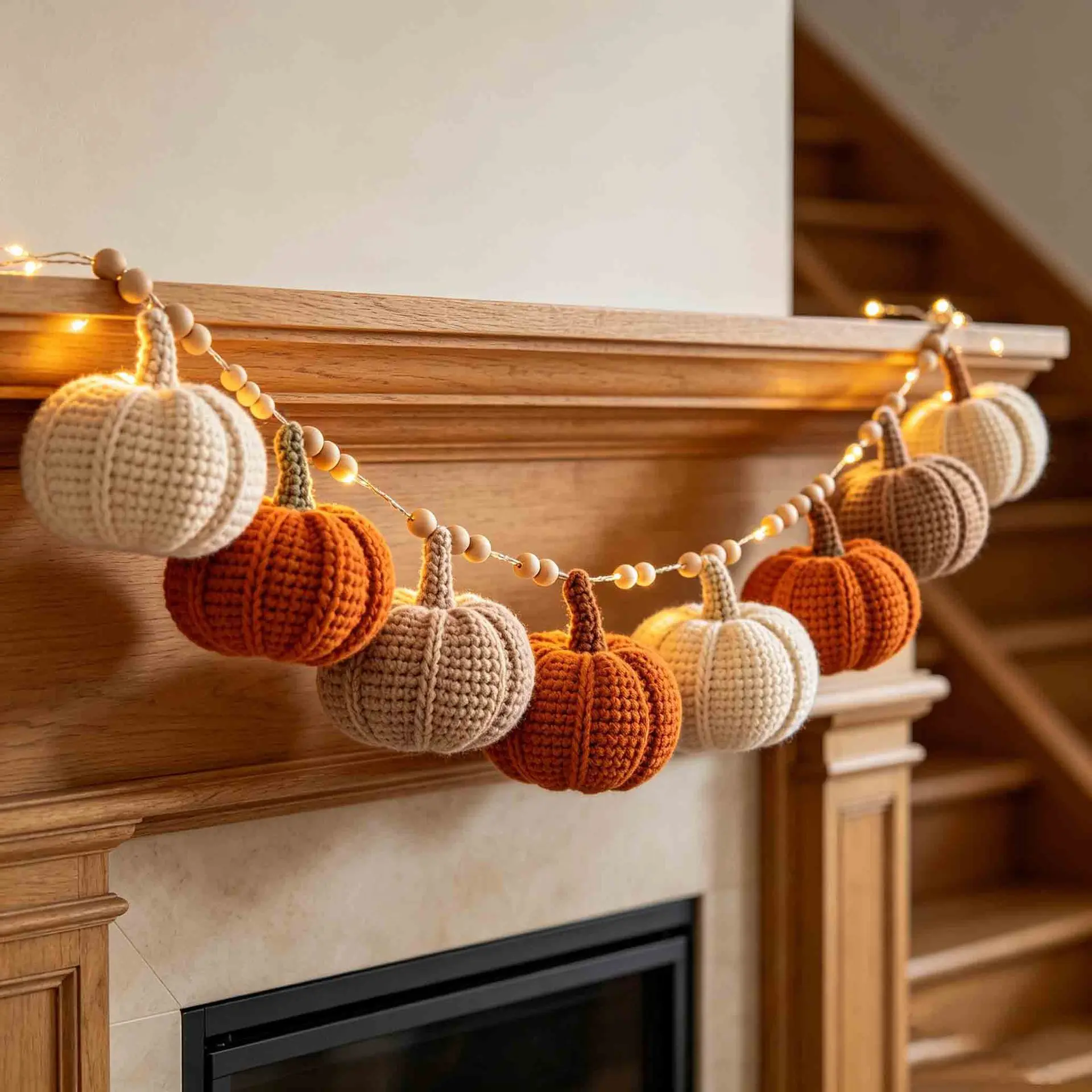Polyester Knitted Pumpkin String Lights Garland - Autumn Creative Home Decor for Fall Halloween, Wall Mantel Hanging Ornament (Pumpkin Motif), As Main Image