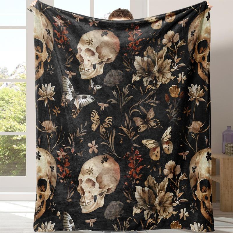 Gothic Skull Print Flannel Blanket, Casual Soft Throw Blanket with Storage Bag, Cozy Throw Blanket, Warm Napping Blanket for Home Office School Travel