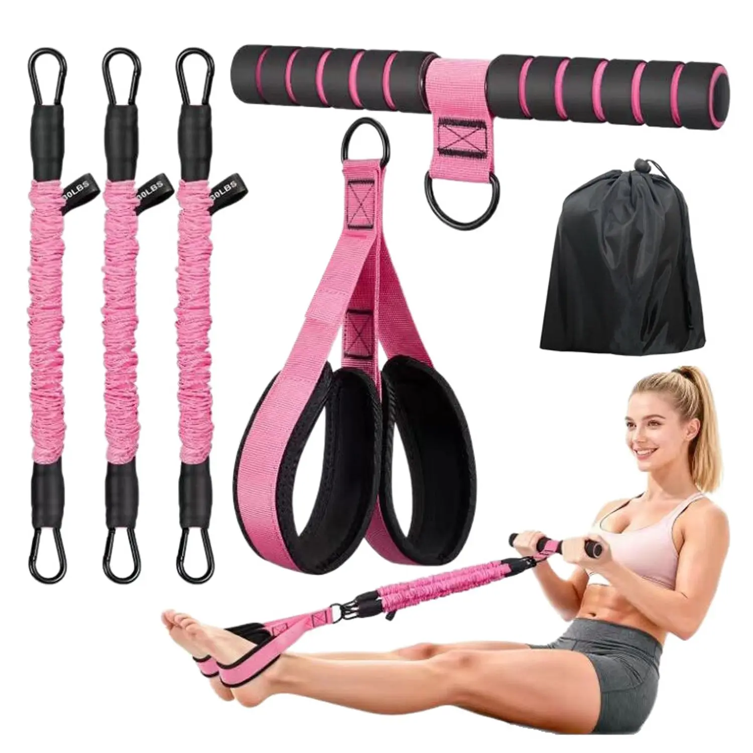 Upgraded Multifunction Pedal Resistance Band with Handle, 3 Tube Adjustable Resistance Bands for Abdomen, Waist, Arm, Core/ABS, Leg Workout - Sit Up Exercise Equipment for Women, Workout Bands with Handles, Fitness Equipment