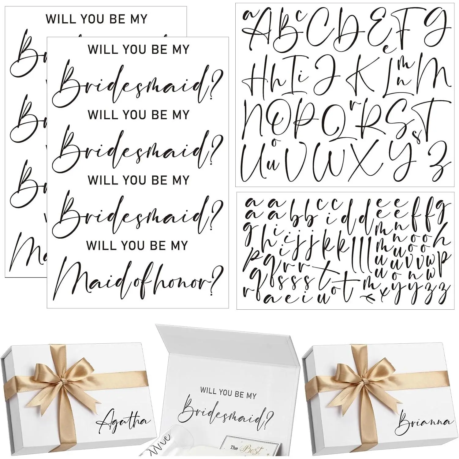 MotiMind 8-Piece Personalized Vinyl Decal Proposal Sticker - Custom Name DTF Transfer for Bridesmaid Boxes, Wedding Party Favors (Bridesmaid, Black), Multi-Size