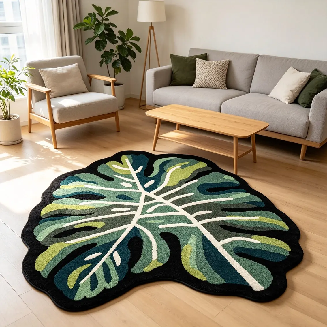 Tropical Monstera Leaf‑Shaped Irregular Area Rug, Irregular Design Rug, Plant‑Theme Floor Mat, Multi‑Shade Green Botanical Decorative Carpet with Non‑Slip Backing, Soft Short‑Pile Indoor Rug for Living Room, Bedroom, Home Aesthetic Ornament