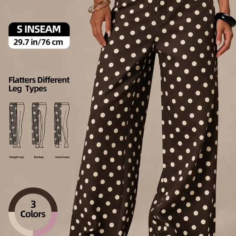 Women's Polka Dot Print Boho, Loose-Fit Elastic-Waist Denim Loose Fitting Jeans for Casual Spring and Summer Wear Bohemian