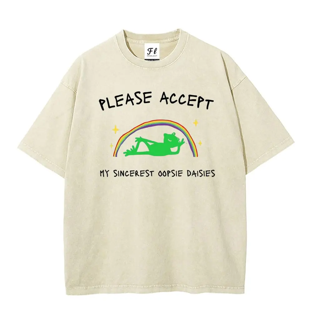 Men's Casual Short-Sleeve Round Neck Washed T-Shirt, Streetwear Top with "PLEASE ACCEPT MY SINCEREST OOPSIE DAISIES" Print