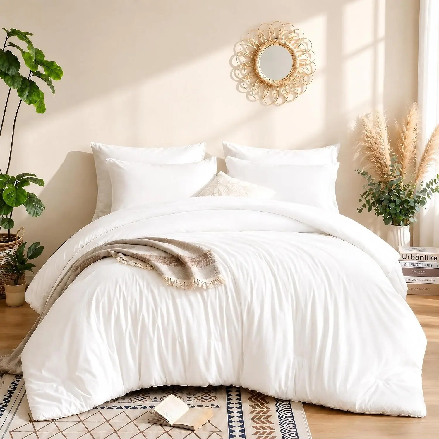 Queen Comforter Set White Comforter Boho Solid Color Bedding for All Season Soft Lightweight Microfiber 3PCS Reversible Comforter Set (1 Comforter, 2 Pillowcases)