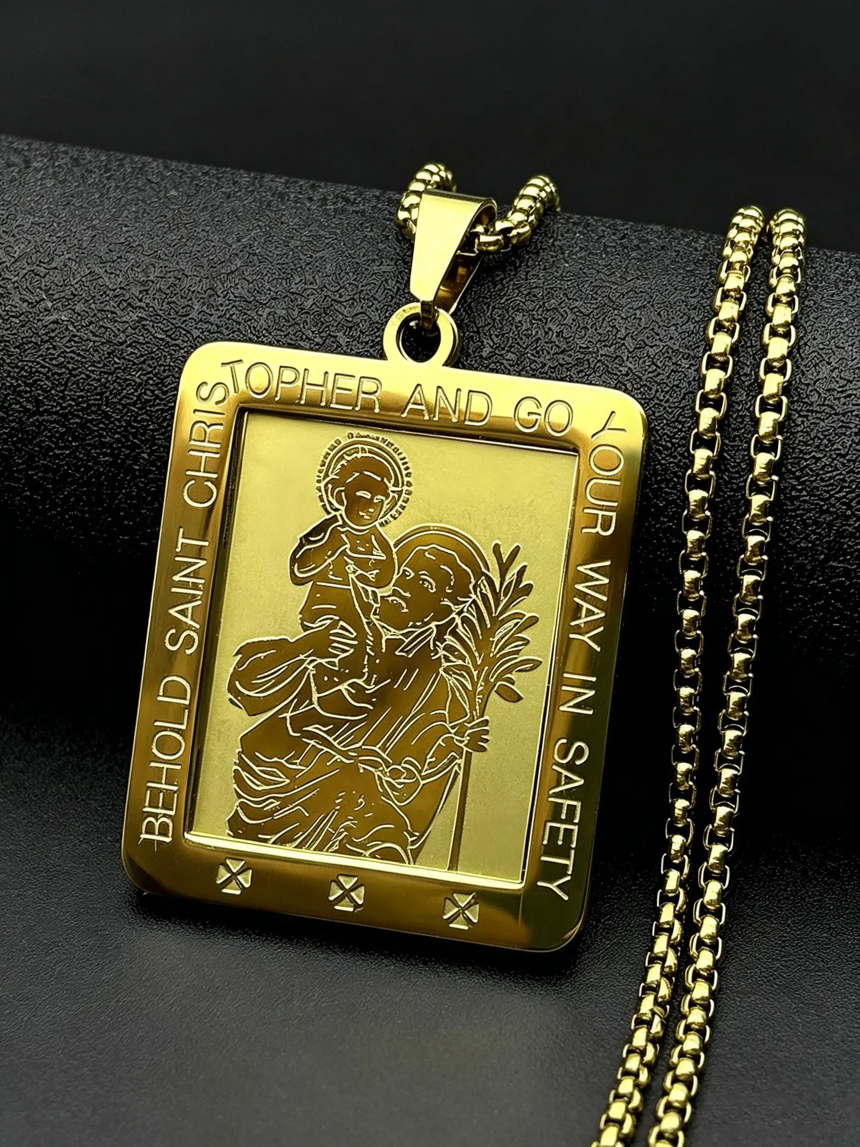 Saint Christopher Go Your Way In Safety Square Medal Pendant Necklace Stainless Steel Gold Color Catholic Amulet Chain Jewelry