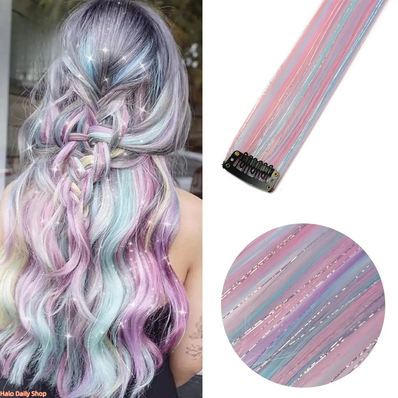 5-Piece Clip-in Tinsel Hair Extensions – Rainbow-Colored Tinsel Strands; Invisible, One-Piece Colored Extensions Perfect for Creating Highlight Effects