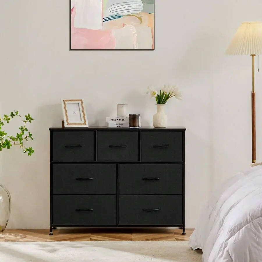 OLIXIS White Bedroom Dresser - 7 Storage Drawers (2 Drawer Sizes), Wide Fabric Interior Storage Furniture, Modern Credenza Cabinet with Wooden Top & Metal Frame, Ideal for Small Room/Dorm Room Ideas, Small Room Ideas