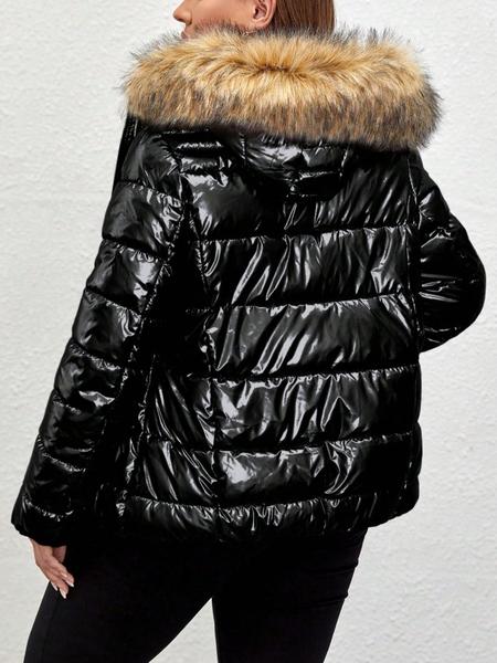 Women's Plus Size Hooded Puffer Jacket, Warm Street Style Coat with Faux Fur Collar, Hidden Zipper, Pockets, Fall & Winter Fashion