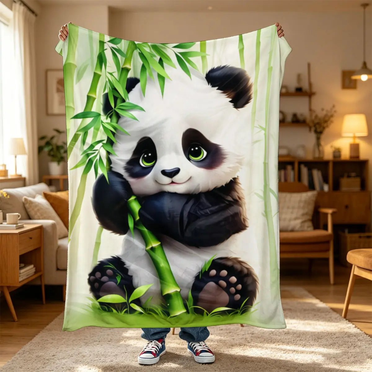 One PC Short Plush Flannel Blanket,Q-version bamboo and giant panda pattern,Fluffy soft flannel blanket, warm breathable, easy clean store. Home nap car throw, birthday gift, bedroom pet cover blanket