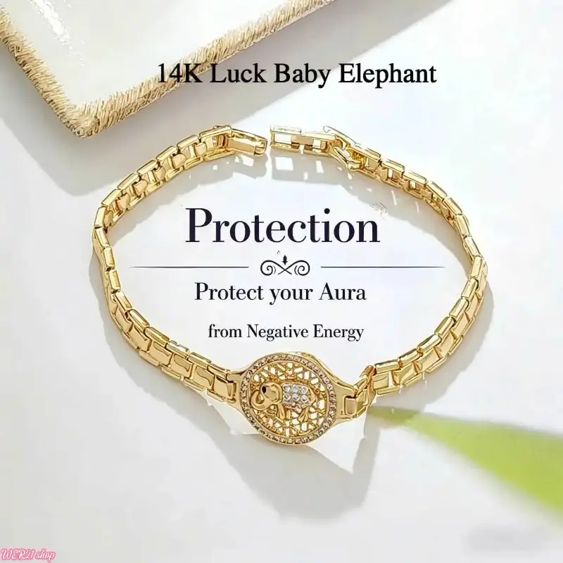 [WER21]18K Shiny Cubic Zirconia Elephant Charm Bracelet for Women, Two-Tone Gold Silver Sparkling Lucky Elephant Watch-Style Bangle, Dainty Adjustable Glittering Link Chain Bracelet for Daily Wear & Gifts