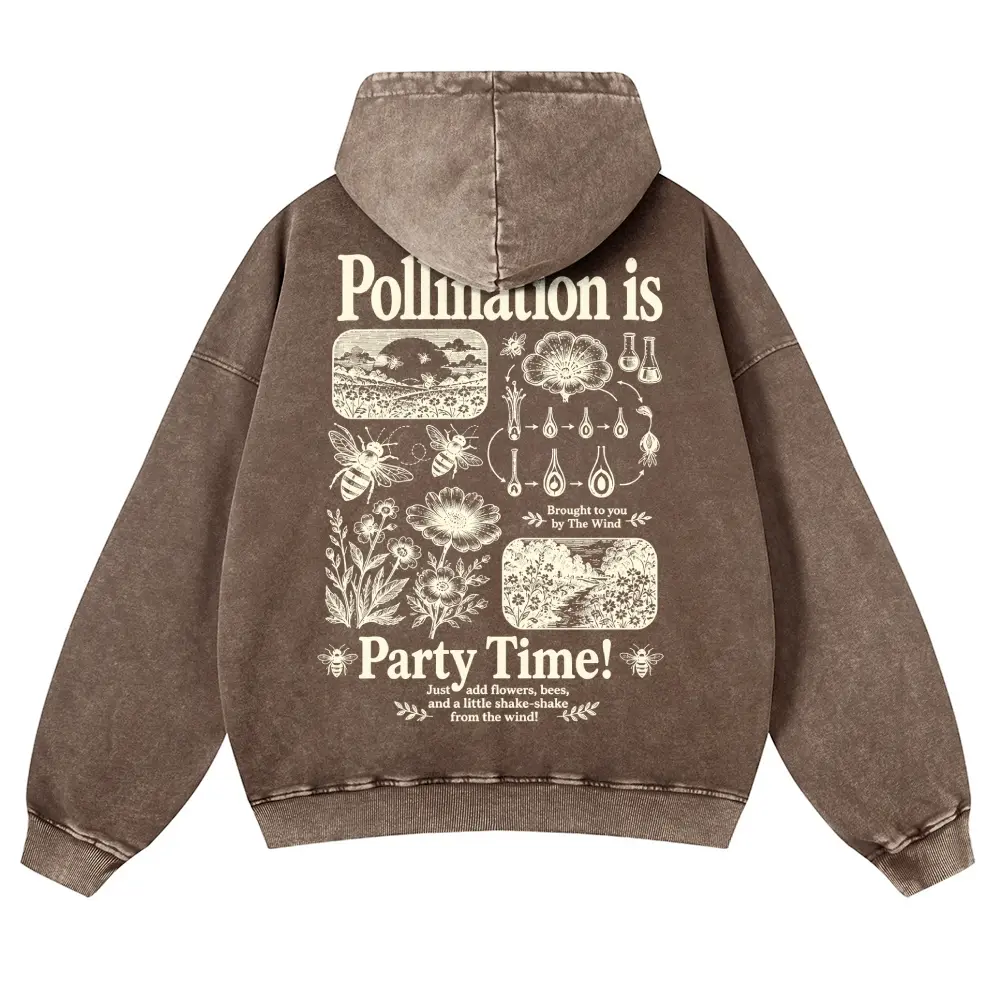 Men's Cotton 380g Casual Hoodie - Floral Bee Botany Pollination Graphic Sweatshirt, Vintage Washed Fabric, Relaxed Fit Tops, Jeans, Long Sleeve, Oversize, Pullover, Thick