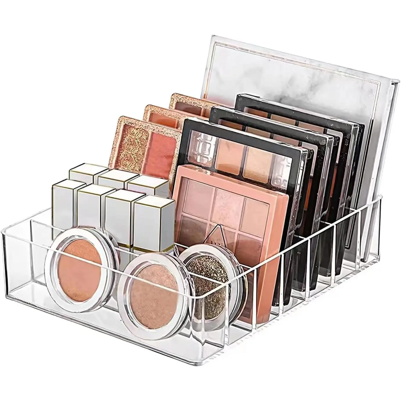 Clear Plastic Acrylic Makeup Organizer for Makeup Palette Organizer, 7 Slots Cosmetic Organizer for Vanity Countertop & Drawer, Holder for Eyeshadow Palettes, Blushes, Lipstick