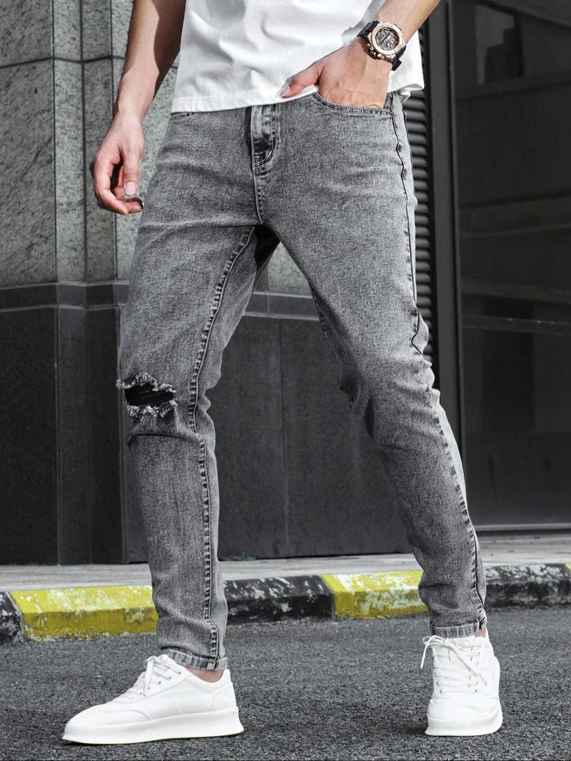 Men's Regular Fit Solid Color Ripped Skinny Jeans, Casual Comfy Denim Pants for Daily Wear, Fashion Men's Bottoms for All Seasons, Menswear, Streetwear, Denim Trouser
