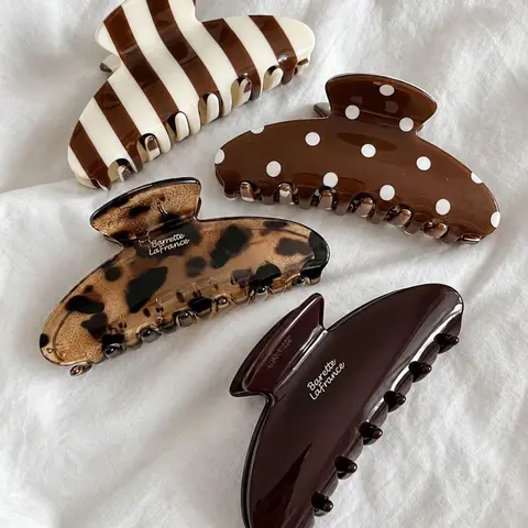2/3/4pcs Vintage Polka Dot Plaid Striped Leopard Print Hair Claw Clips, Women's French Elegant Strong Grip Large Hair Clips, Suitable For Thick Hair And Daily Fashion Outfits, Decorative Hair Clips