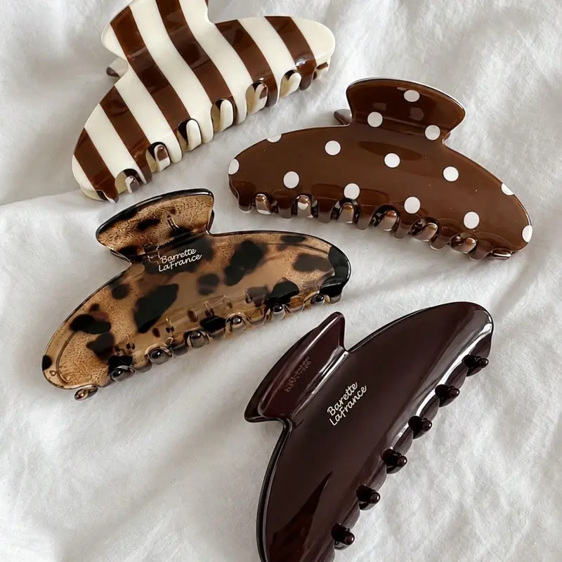2/3/4pcs Vintage Polka Dot Plaid Striped Leopard Print Hair Claw Clips, Women's French Elegant Strong Grip Large Hair Clips, Suitable For Thick Hair And Daily Fashion Outfits, Decorative Hair Clips