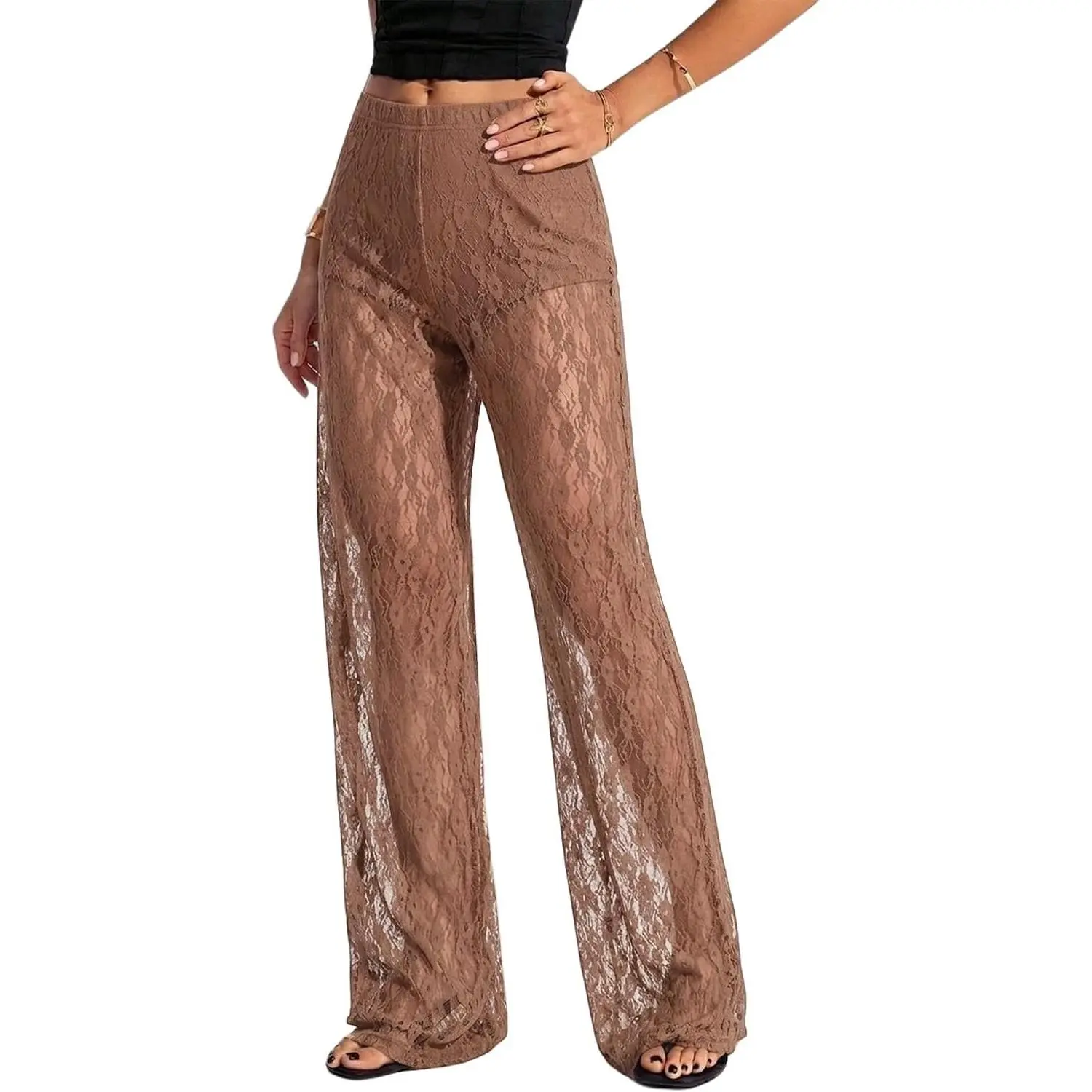 Women's Lace Pants Y2K Floral Sheer Straight Leg Long Pant | Lace Pants with Shorts Underneath, See Through Pants, Lace Bottoms, Wide Leg, Going Out Bottoms