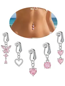 5-Piece Cubic Zirconia Clip-On Navel Rings Set, Non-Piercing Fake Belly Button Jewelry, Heart Butterfly Design, Summer Beach Party Gift