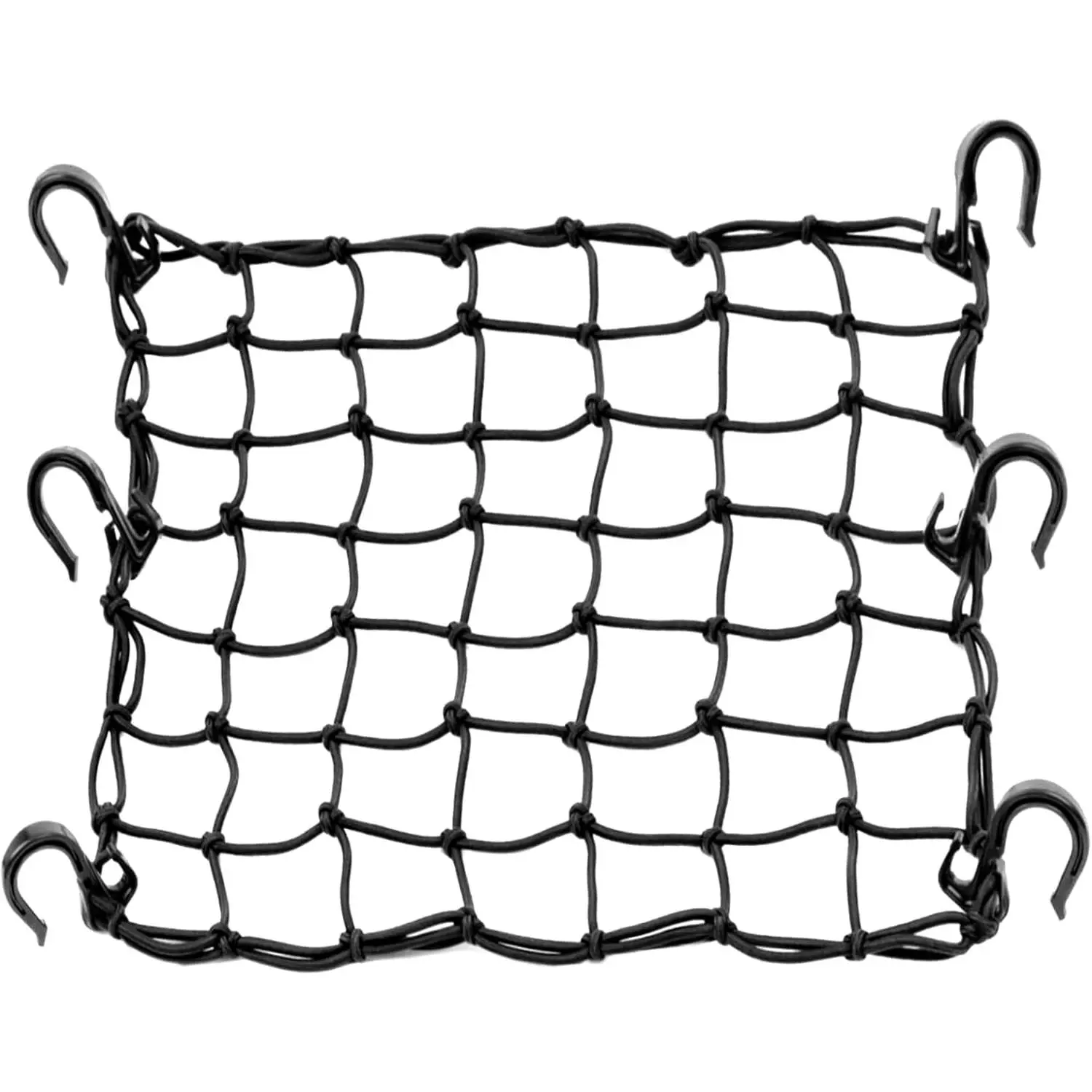 Small Cargo Net with 6 Thicken Hooks, 15"x15" Stretches to 30"x30", Helmet Net with 2"x2" Small Mesh for Motorcycle, Bike, Surfboard, Canoe, Scooter Accessories (Black)