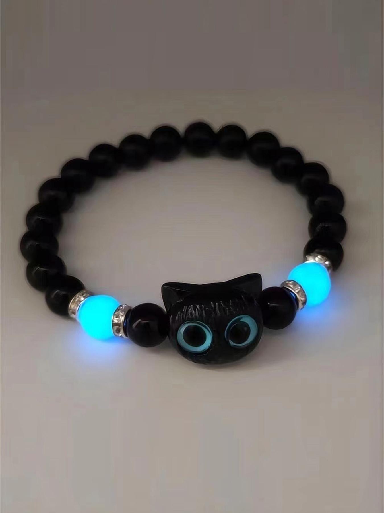 Cute Cat Charm Decor Glow in The Dark Design Beaded Bracelets, Bracelet with Charms, Trendy All-match & Exquisite Jewelry for Women & Men As Gift for Party, Daily Clothing Decor