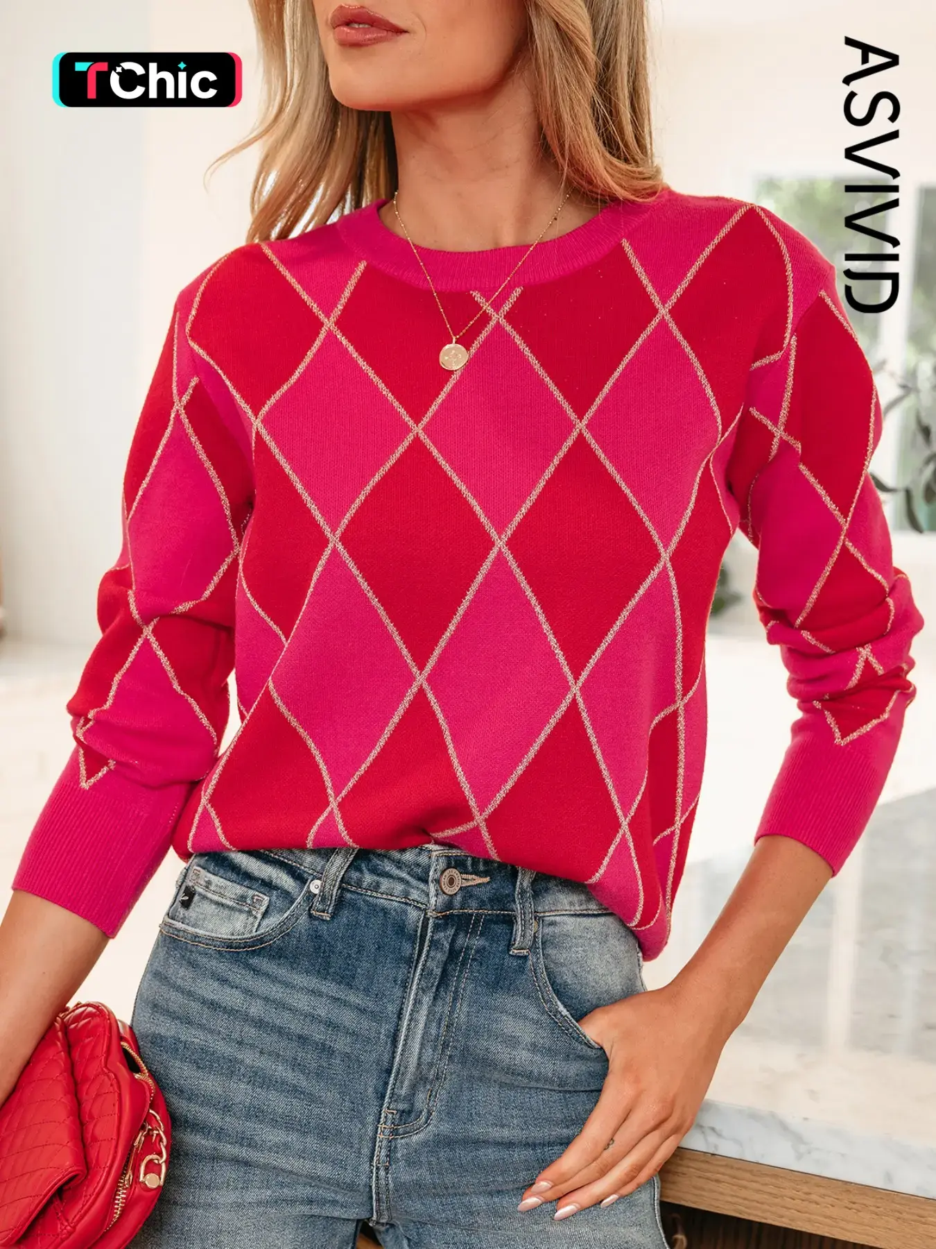 Women's Casual Glitter Metallic Rhombus Pattern Knit Sweater Pullover, Long Sleeve Spring & Fall Fashion, Geometric Style for Daily Wear