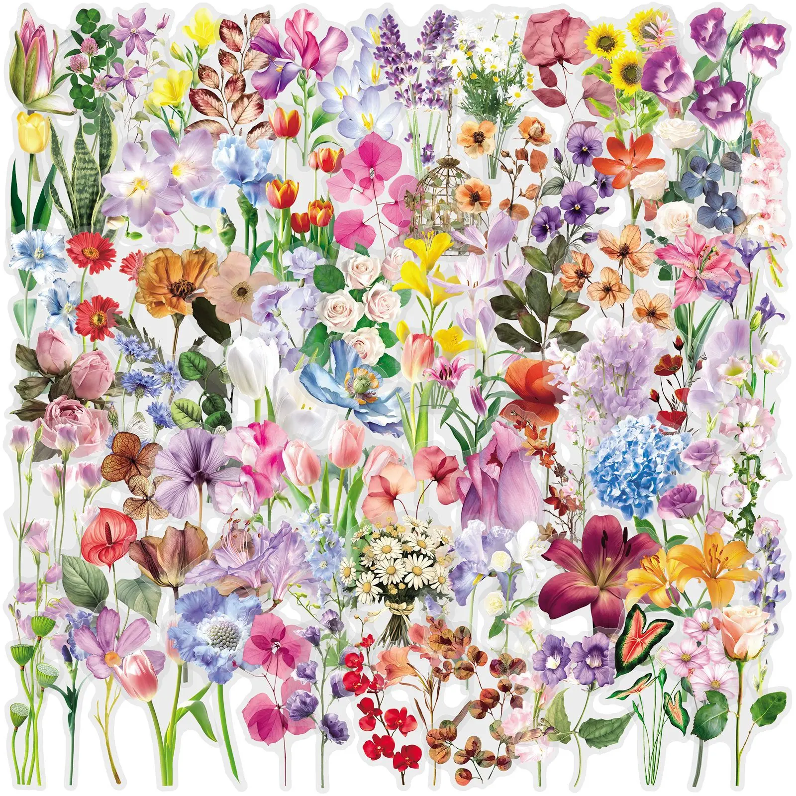 100pcs Summer Floral Artistic Transparent PET Decorative Journal Stickers, Back-to-School Season Office Stationery Accessories, High-Value DIY Stickers, Suitable for Diaries, Journals, Notebooks, Collage Creations