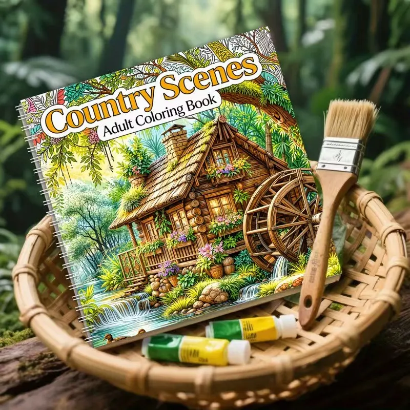 Adult Coloring Book Rural Landscape, Peaceful Cottage Watermill Forest Scene, Stress Relief Natural Art Therapy Pages, Relaxing Line Drawings