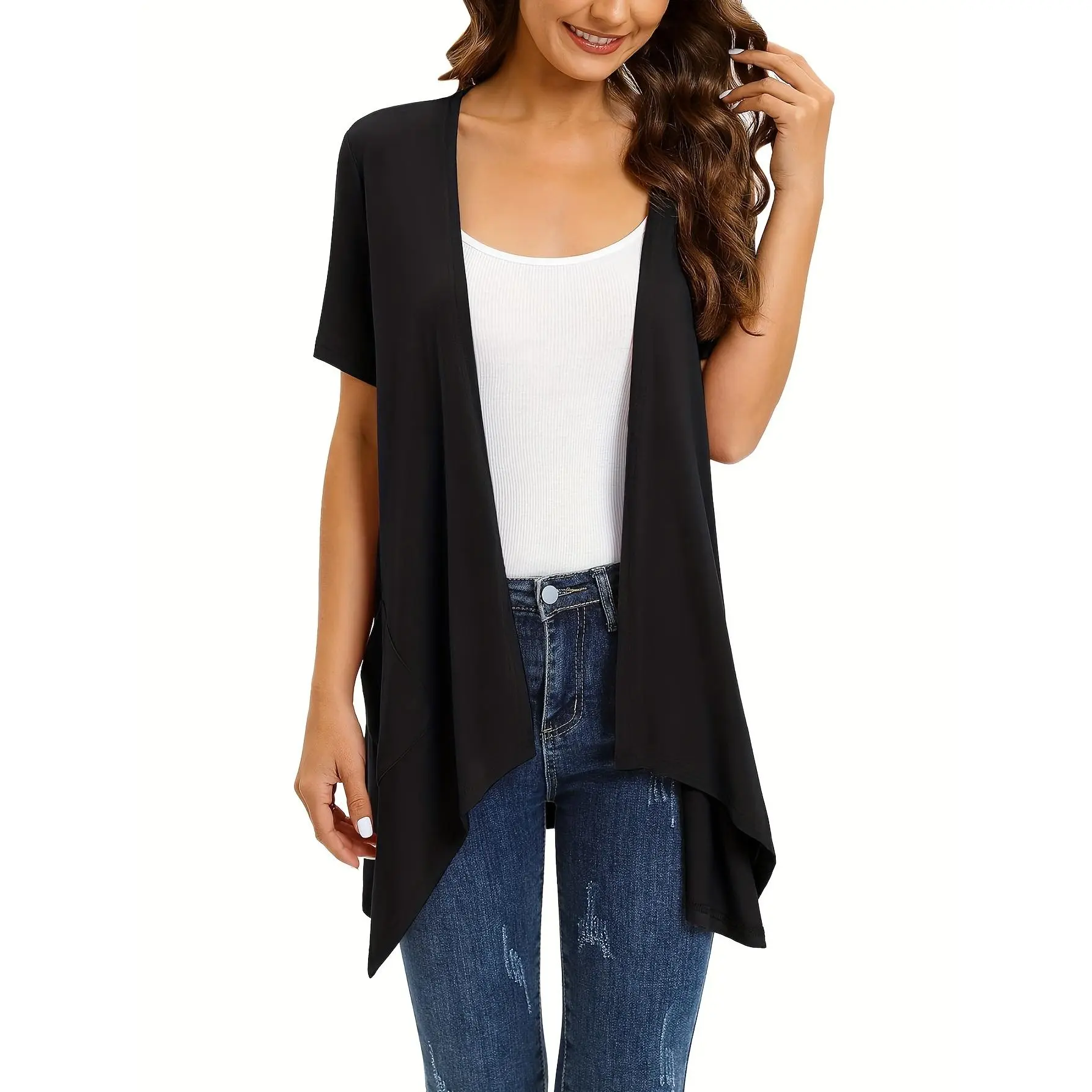 Dual Pockets Open Front Coat, Casual Short Sleeve Coat For Spring & Summer, Women's Clothing