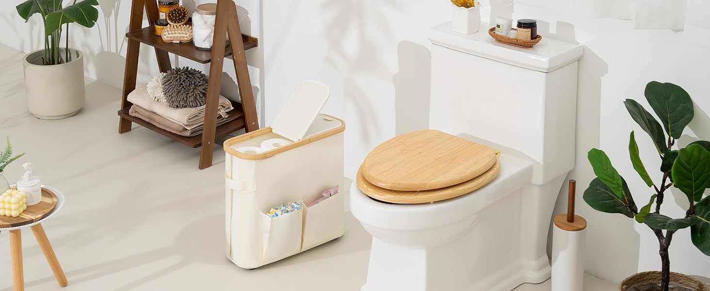 StorageWorks Toilet Paper Storage Baskets with Dual Flip Lids, Toilet Paper Organizer for Bathroom, Toilet Paper Container with Side Pocket, Holds 9 Mega or 12 Regular Rolls, Medium, Beige