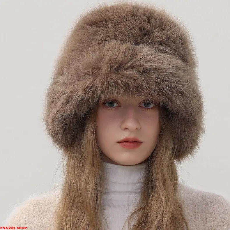 Women’s Thick Plush Faux Fur Bucket Hat - Synthetic Hair, 55-58cm, Soft Fluffy, Warm Fisherman Hat for Daily Outdoor Wear by Sohochic