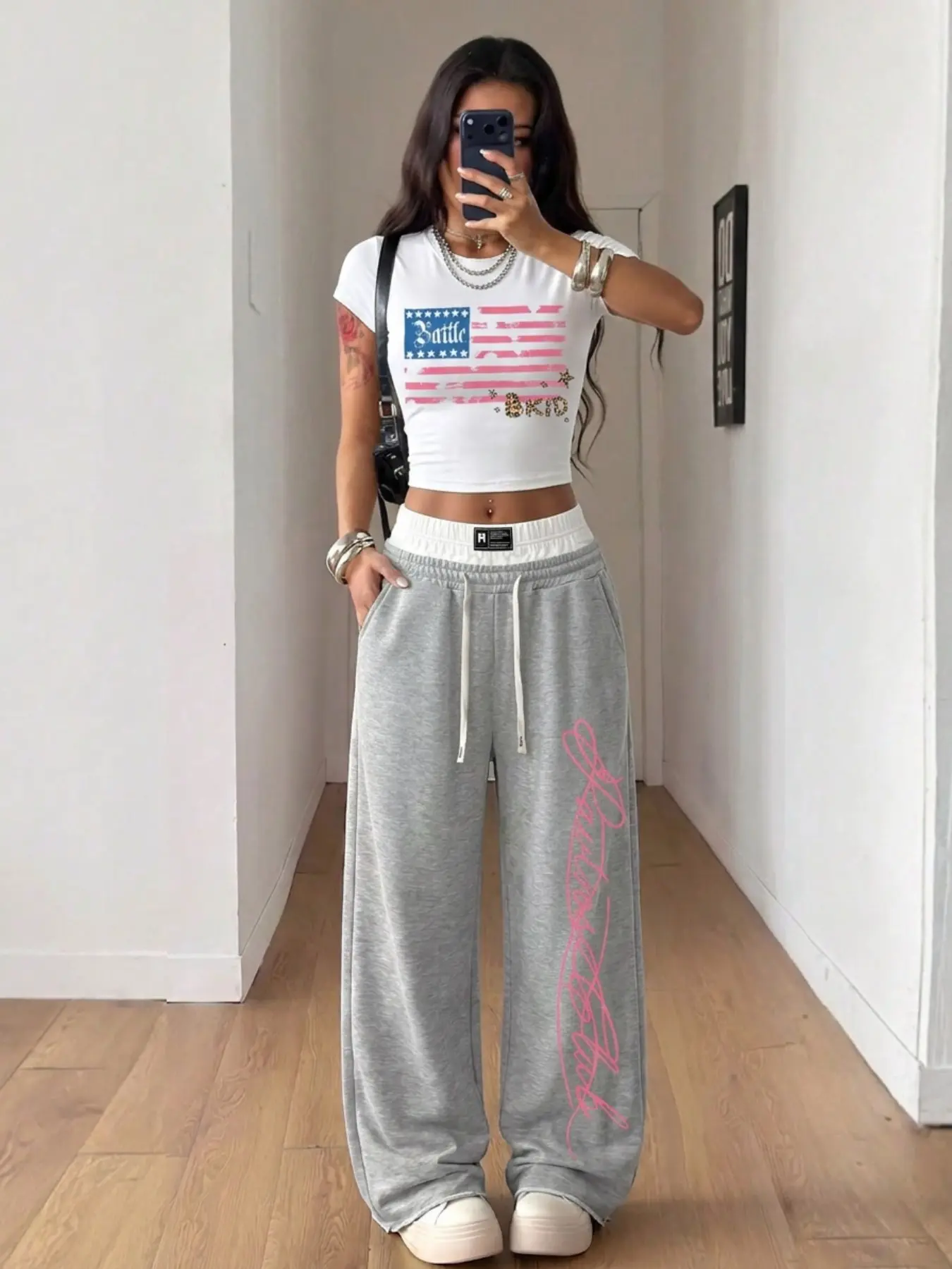 American Flag Letter Print Slim Fit T-Shirt and Handwritten English Wide Leg Pants Set, Y2K Chic Casual Style for Women