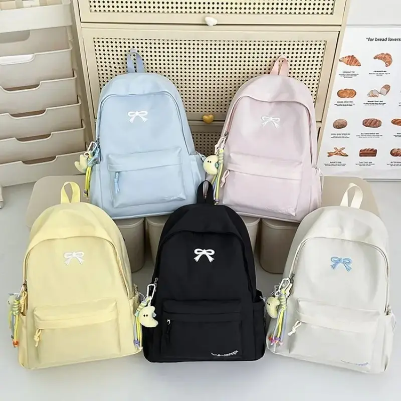 [Back to School] Women's Cute Bow Accent Fabric Kawaii Trendy Backpack - Minimalist Versatile Lightweight Coquettecore Fashion Rucksack with Zipper for Teen Girls, Campus Use - School Pack