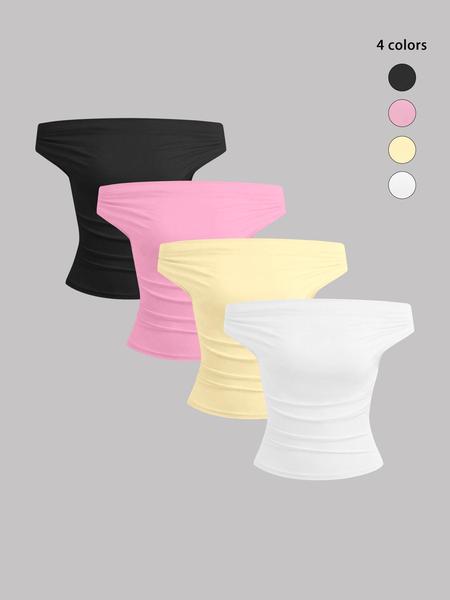 Women's Solid Off Shoulder Tee, Elegant Fashion Ruched Top for Daily Outdoor Wear, Ladies Clothes for All Seasons