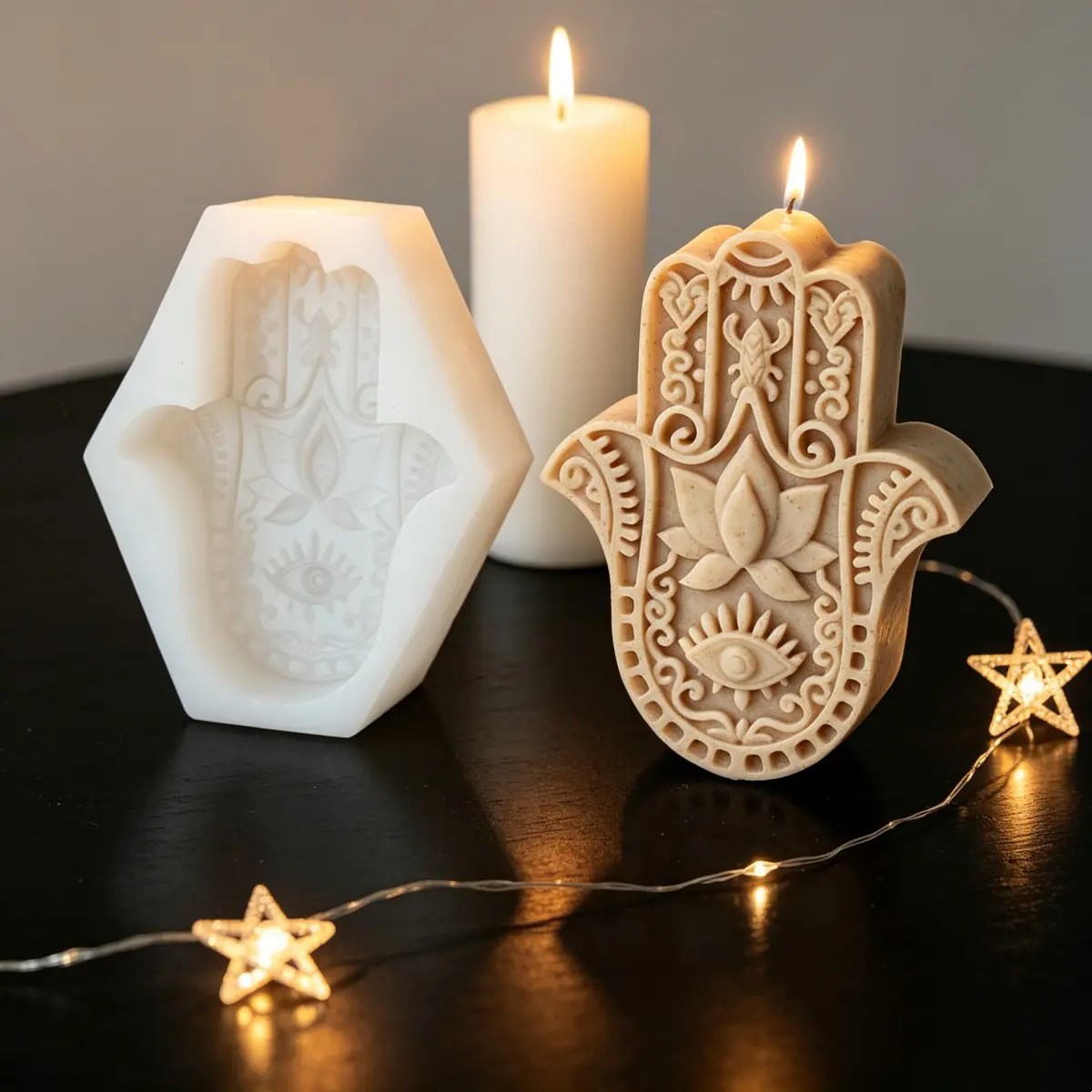 Hamsa Hand Candle Silicone Mold Evil Eye Lotus Fatima Hand Soap Mould Reusable Hand of Fatima Shape Resin Plaster Casting Bohemian Spiritual Home Decor DIY Candle Making Craft Supplies