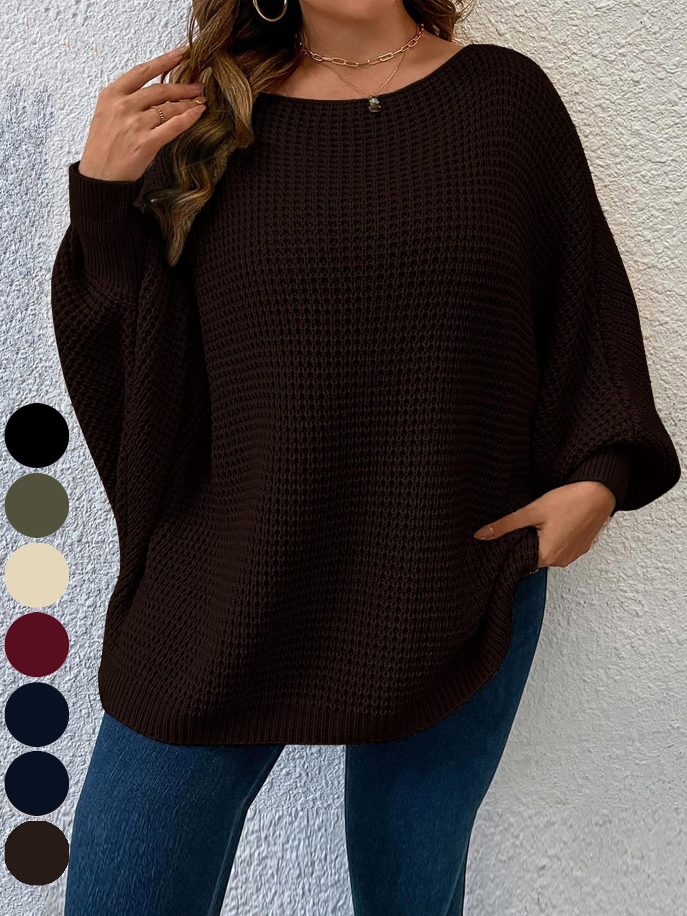 Plus Size Solid Batwing Sleeve Boat Neck Sweater Knitwear, Casual Long Sleeve Jumper for Fall, Plus Size Clothing for Daily Wear, Womenswear