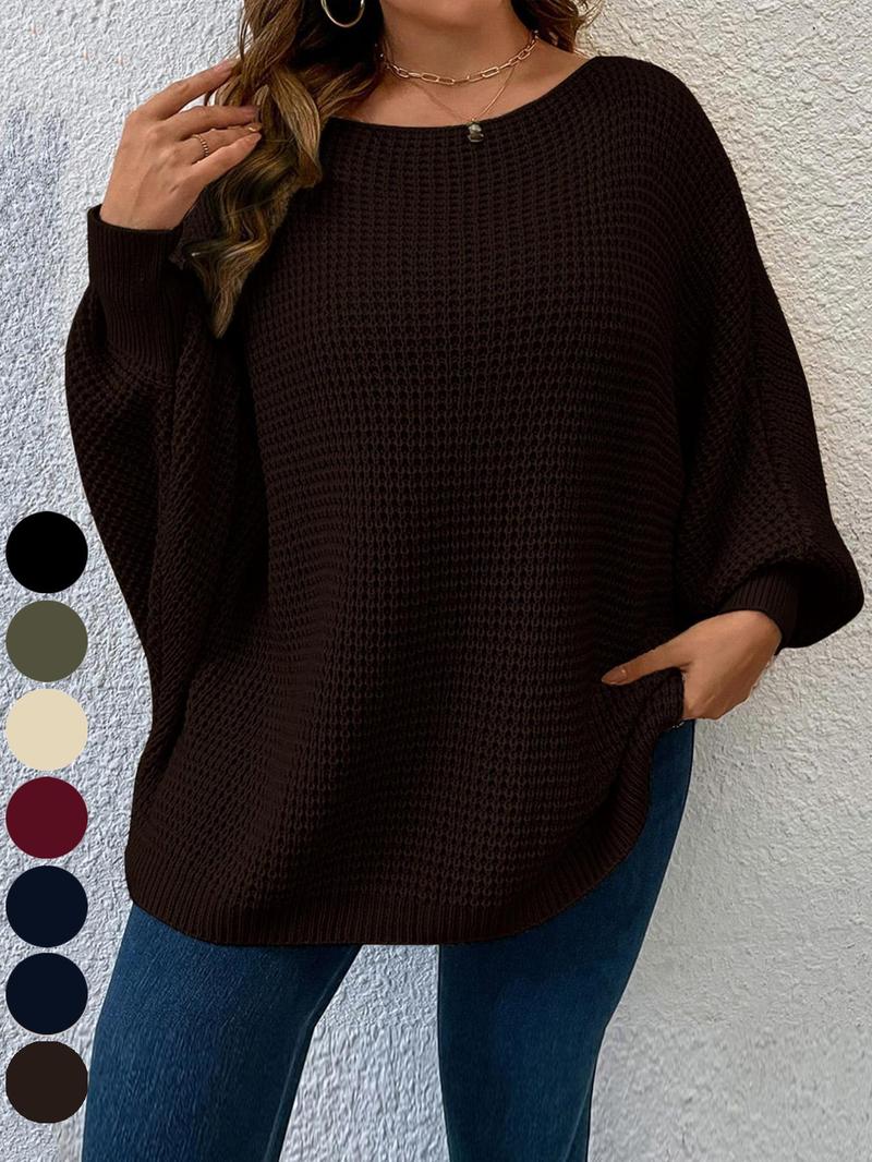 Plus Size Solid Batwing Sleeve Boat Neck Sweater Knitwear, Casual Long Sleeve Jumper for Fall, Plus Size Clothing for Daily Wear, Womenswear
