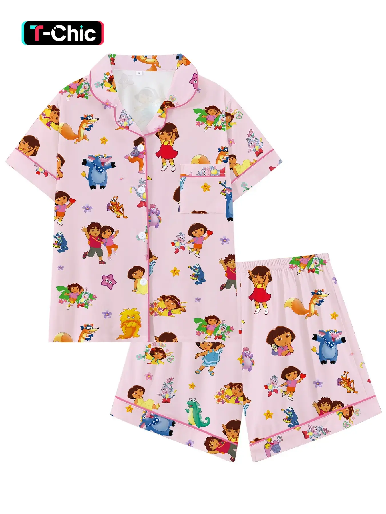 Adorable Girl Cartoon Pajama Set, Short Sleeve Loose-Fitting Sleepwear, Comfortable for All Seasons, Perfect Gift for Sleeping or Outdoors