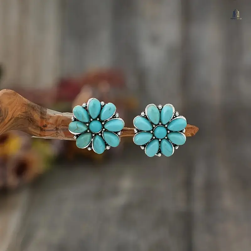 Women Retro Ethnic Floral Alloy Earrings, Inlaid Synthetic Pine Stone, Vintage Decorative Ear Jewelry for Daily Wear & Vacation, Floral Motif, Inlaid Stones, Unisex Wear