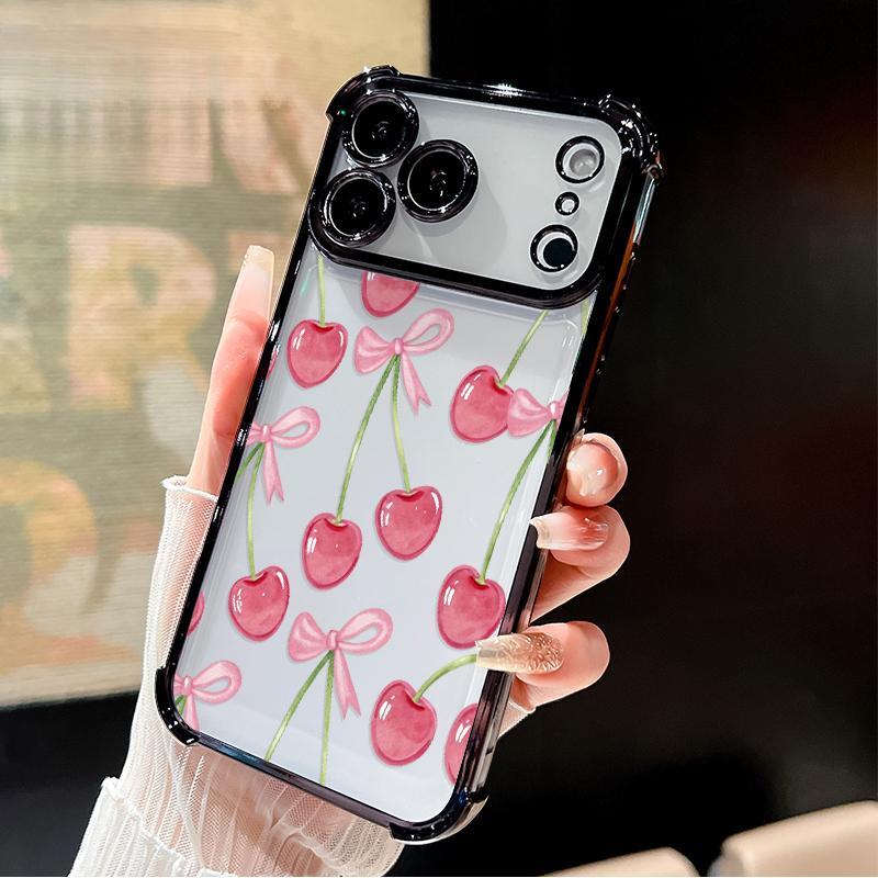 Cherry Bows Pattern Four Corner Anti-Fall Phone Case Transparent Electroplated Protective Cover for iPhone 17 Air 16 E Pro Max 15 Plus 14 13 12 11 X,Samsung and other series models, can be given as a holiday gift to friends or family