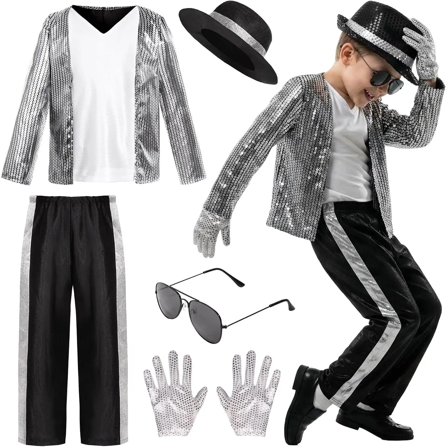 Kids Boy Billie Jean Costume Black Suit Dance Disco Halloween Fancy Dres Up 80s 90s Pop King  Cosplay for Children