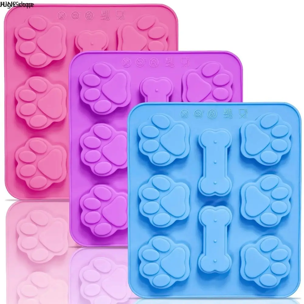 3-Pack Paw & Bone Silicone Molds, Flexible Frost-Resistant Non-Toxic Trays for Baking Puppy Treats, Candy & Chocolate, Bone Prints, Birthday, Heat Resistant