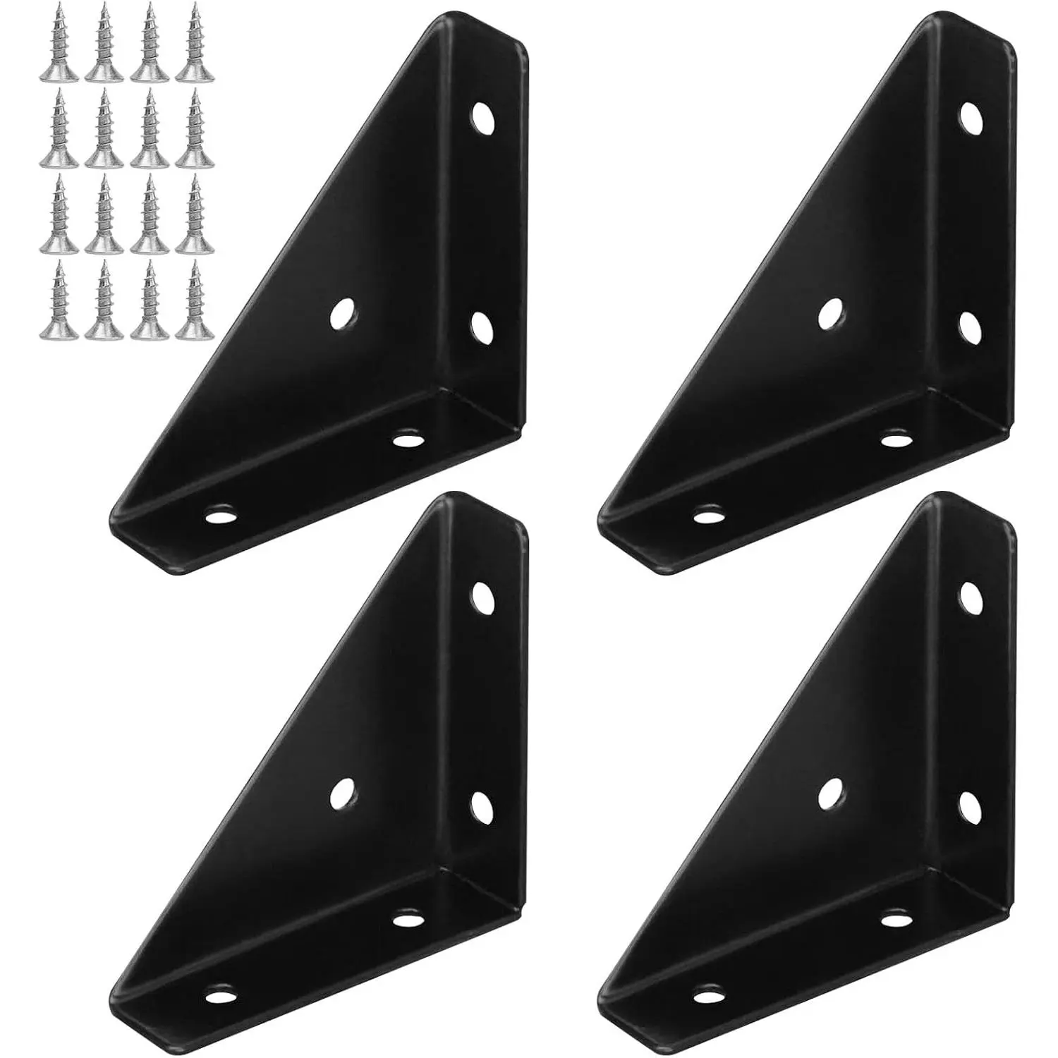 Triangle Corner Braces Brackets, 4 count 66 x 66mm Black Angle Shelf Brackets with Screws, Steel Braces Joining Support Joint Fasteners for Table, Chair Cabinet Bed