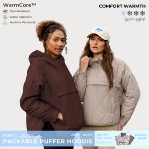 PUFFIT WarmCore Premium Women's Packable Baggy Fall Puffer Hoodie Coat Comfortable Quilted Lightweight & Warm Womenswear Water Repellent and Stain-Resistant Jacket Outerwear with Large Pocket,Plus Size Fit Spring,Dog Walking,School Running,Football Mum