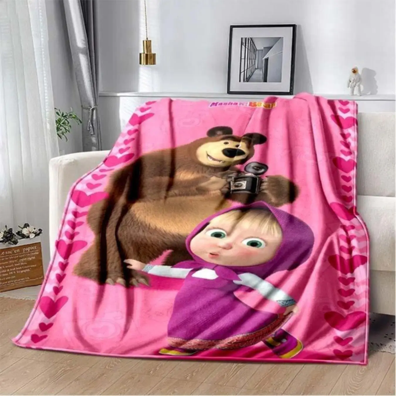 3D Masha And Bear Cute Cartoon Single Sided Soft Flannel Plush Fabric Design, Flannel Throw Blanket for Kids Bedroom Nursery Decor, Matches cooling blankets pillows couch cover, Birthday Christmas Toddler Holiday Gift