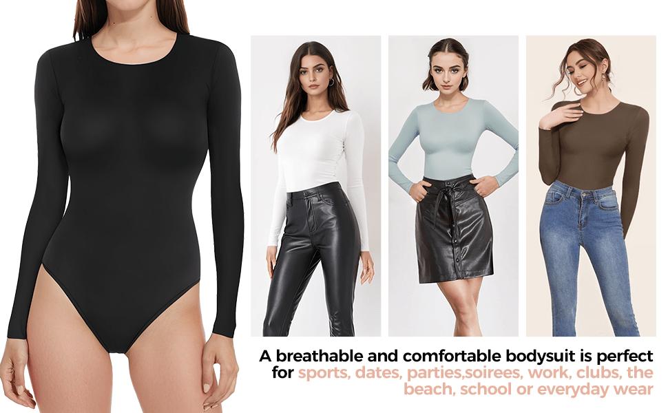 Women's Long-Sleeved Shapewear Bodysuit, Round Neck Basic Style, Tummy Control and Shaping Bodysuit Top, Women's Bodysuit