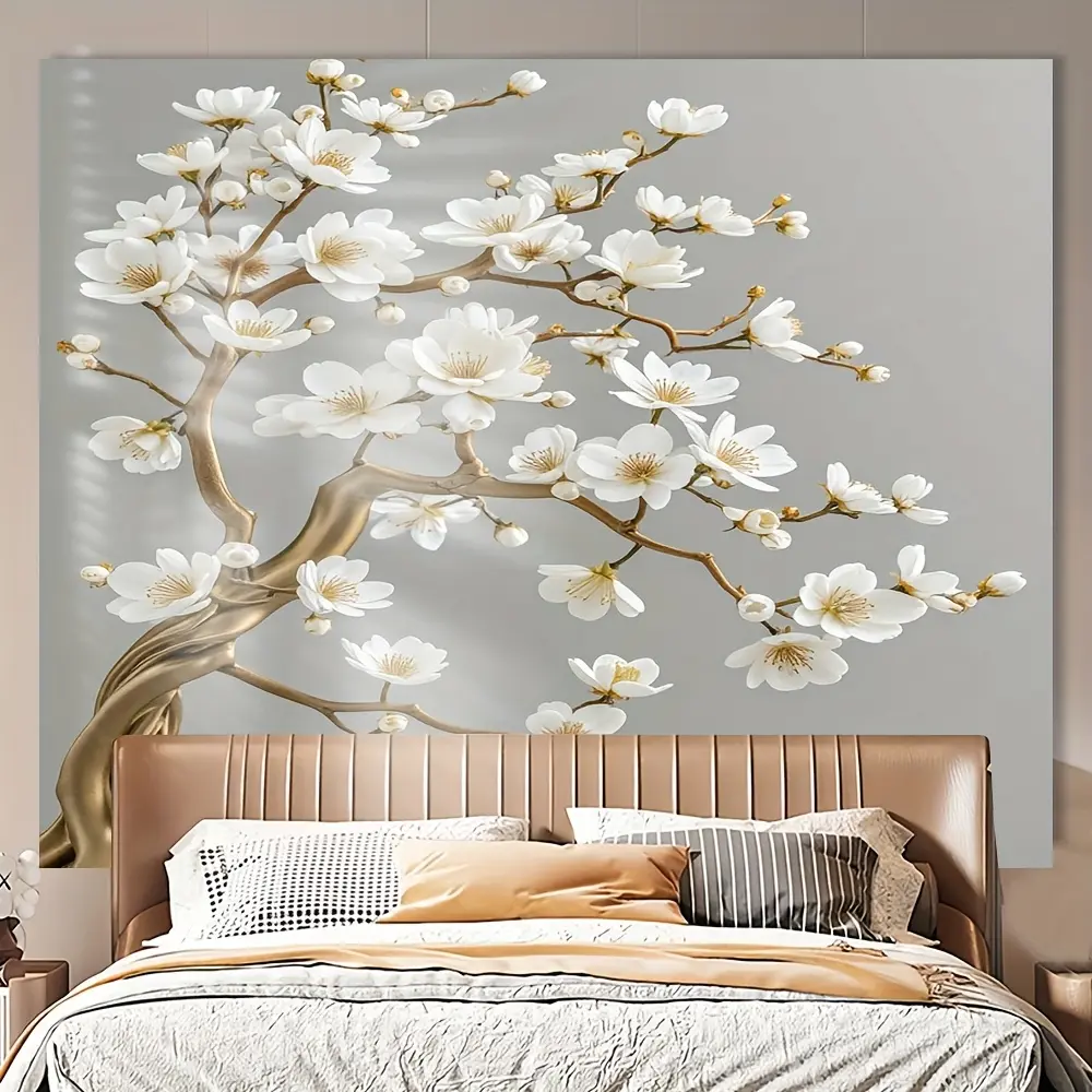 Spring-Themed Floral Tree Wall Hanging Tapestry - Golden Branches on White Flower Background, Durable Polyester, Perfect for Studio Props, Decor, Gift